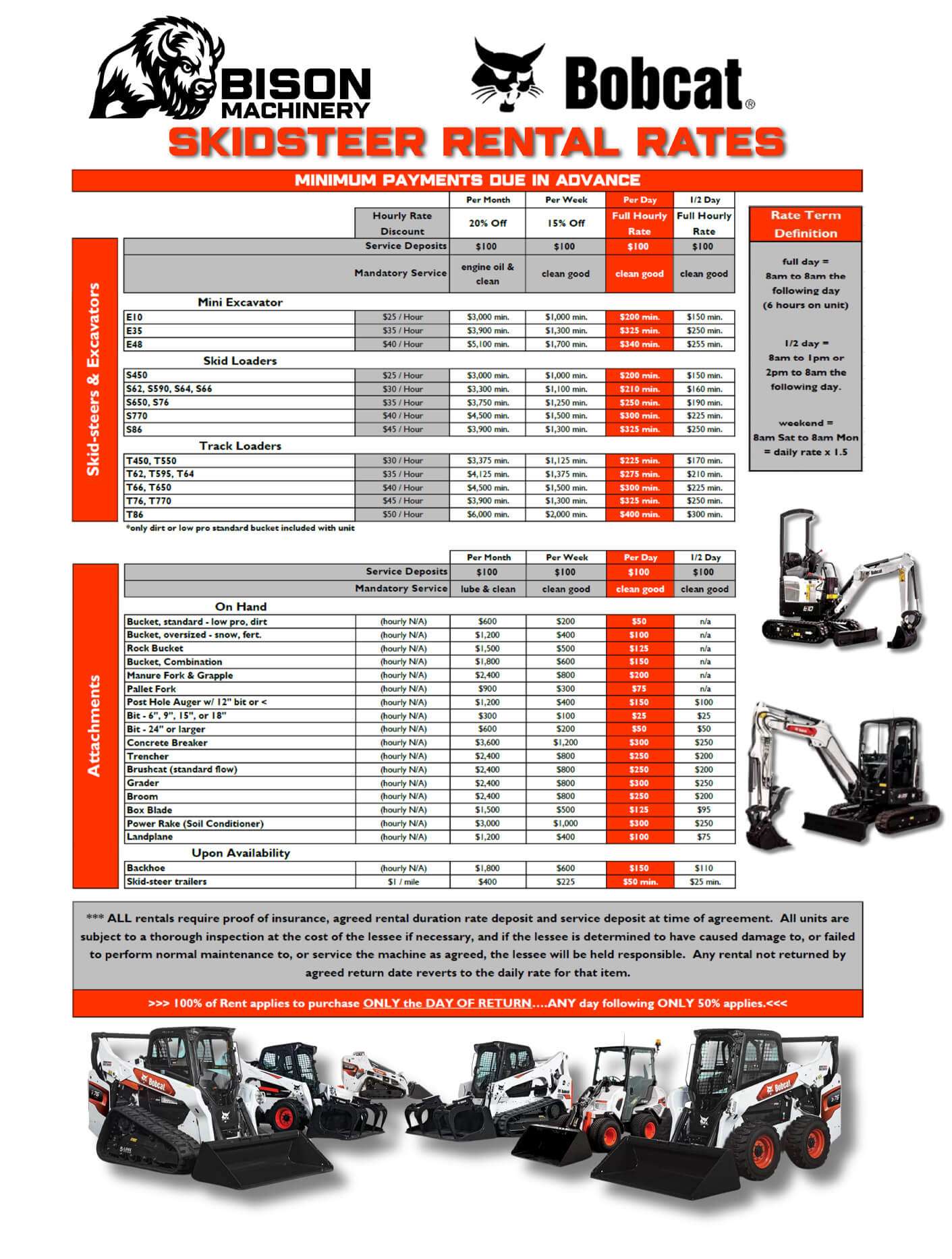 Bison Machinery rental rates sheet